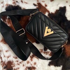 Valentino Orlandi Black Quilted Crossbody Bag with Gold Details